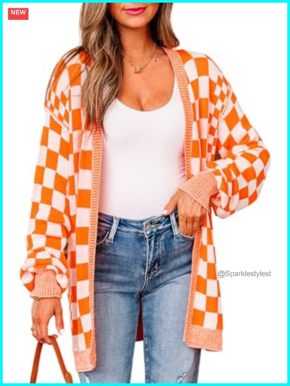 Womens Oversized Checkered Cardigan Open Front Knit Sweater Loose Fit